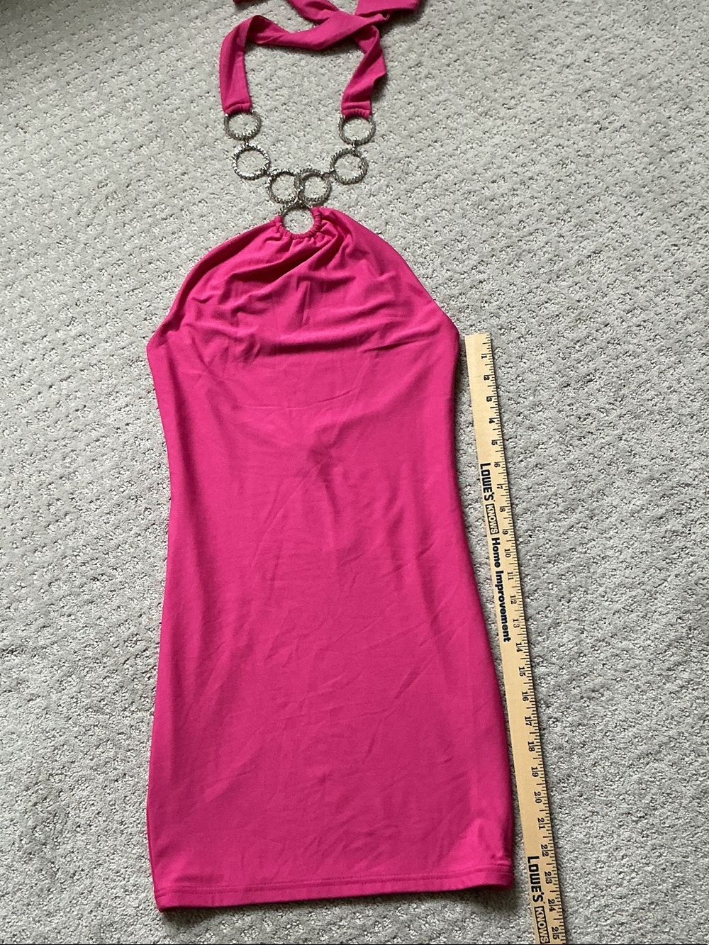 Forever 21 Hot Pink Halter Mini cocktail Dress with rhinestone Ring Detail